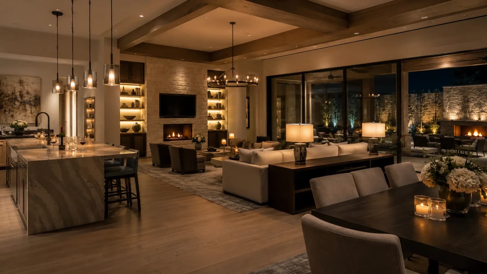 Otium-designed great room at evening — tap markers to reveal the integrated technology