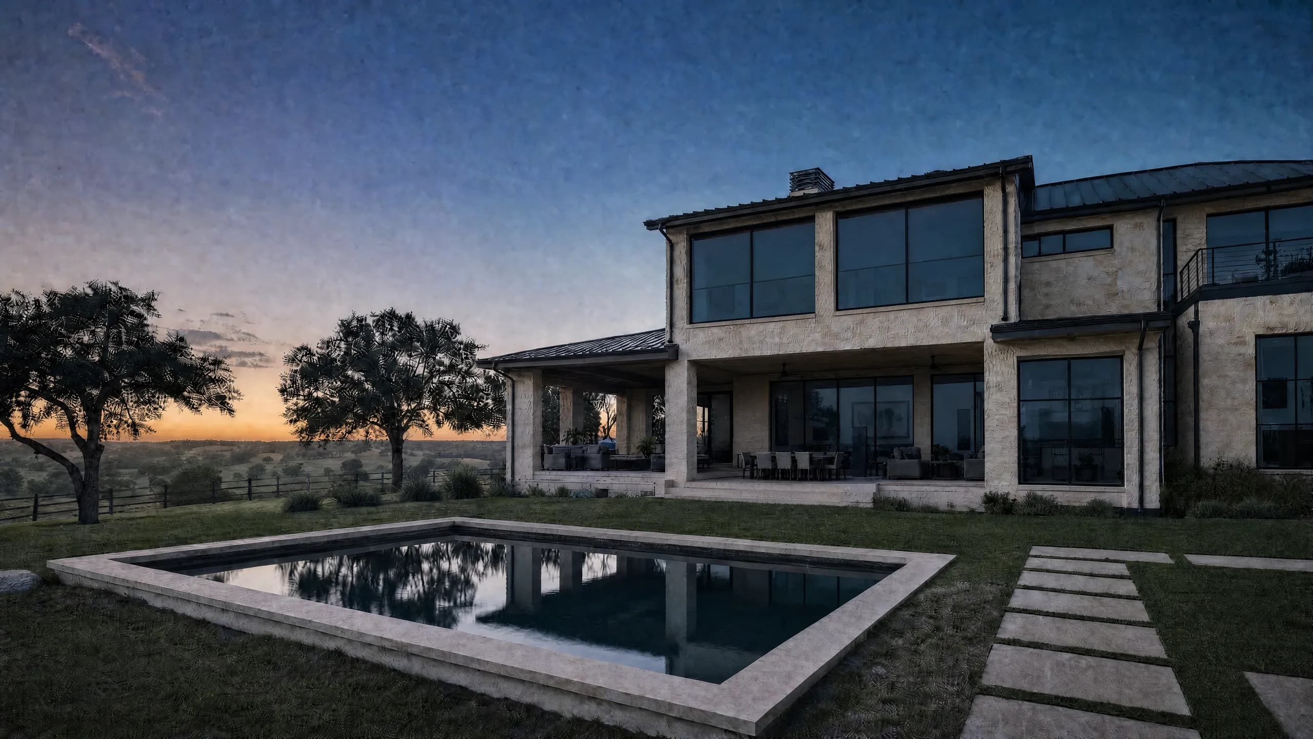 Two-story limestone home at dusk with a lit pool, glowing windows and a covered porch, path lights along a stepping-stone walk, live oaks and rolling pasture under a sunset horizon