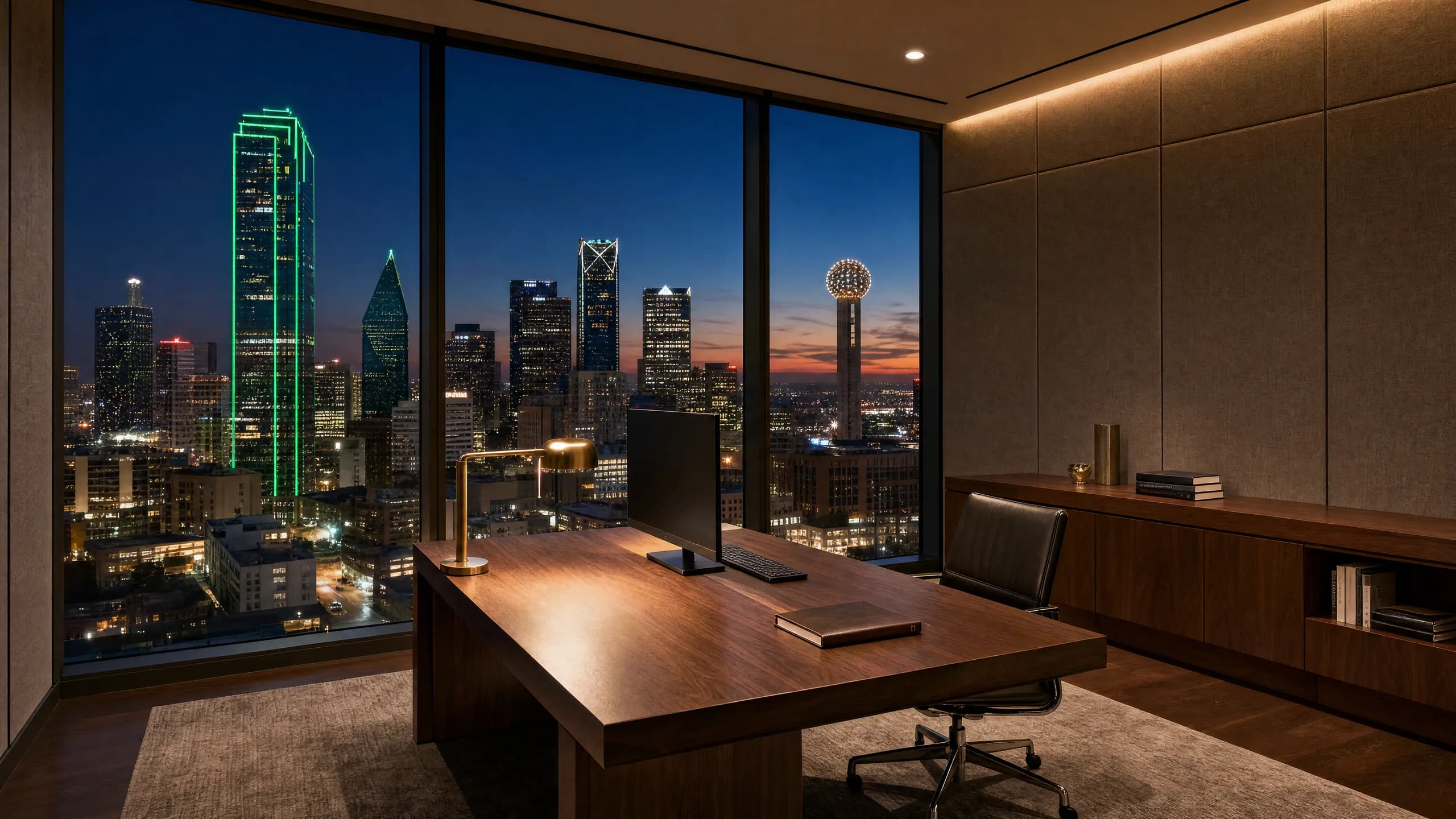 High-rise home office at dusk with a walnut desk in front of the downtown Dallas skyline