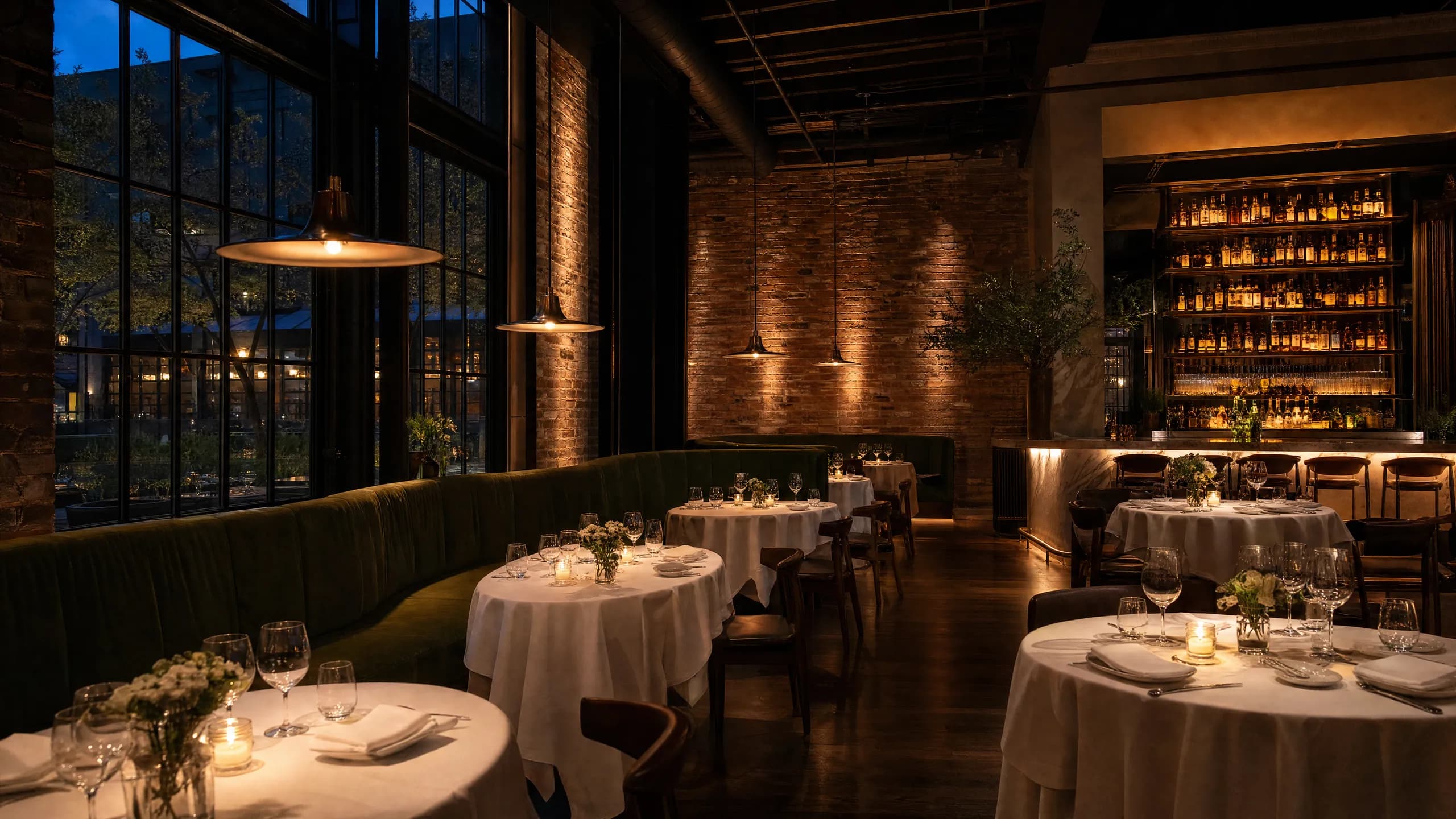 Restaurant dining room at dusk set for service, with a velvet banquette, brick walls and a glowing back bar