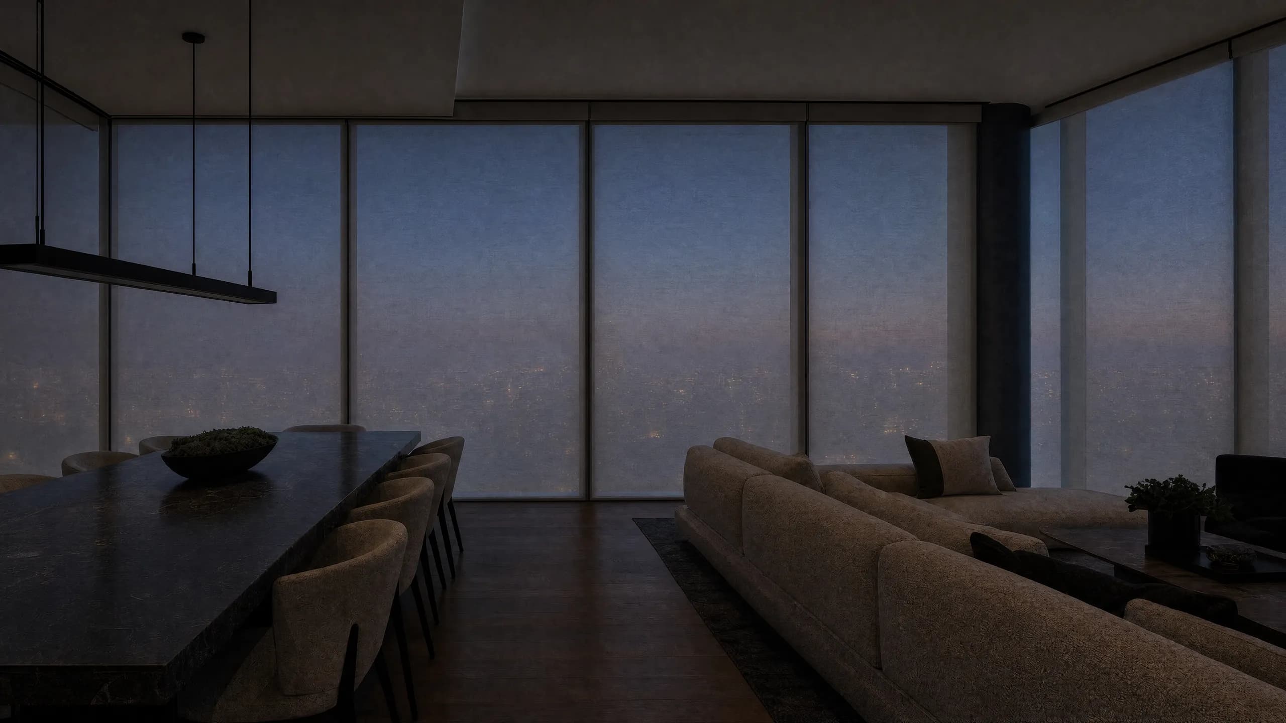 High-rise living and dining room at dusk with the downtown Dallas skyline through floor-to-ceiling glass