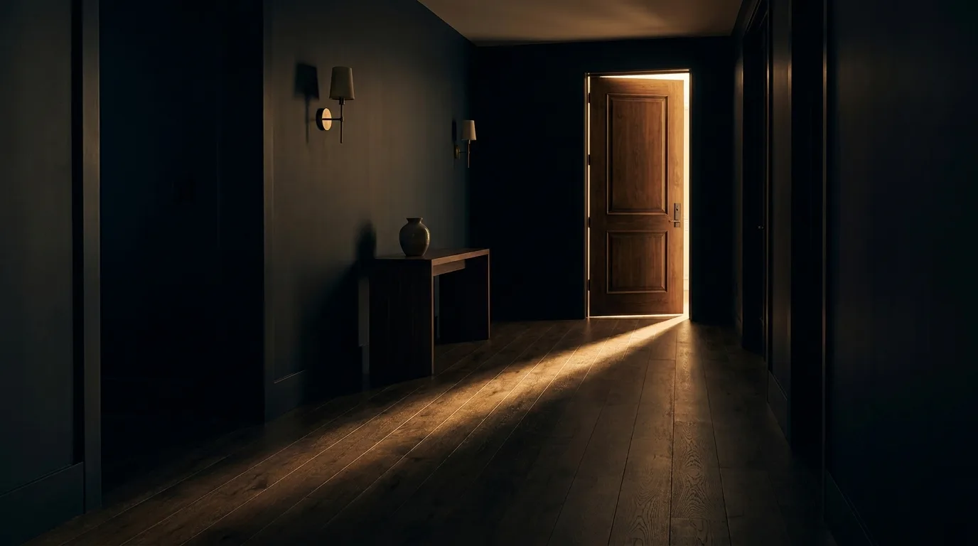Evening light spilling from a doorway across dark wood floors
