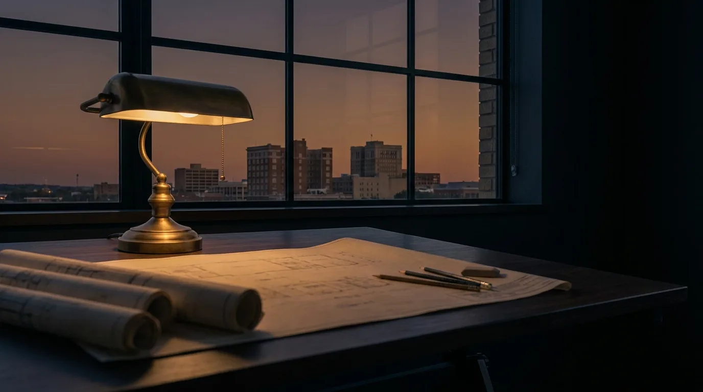 Rolled blueprints and a brass lamp on a drafting table at dusk — where every Otium project begins