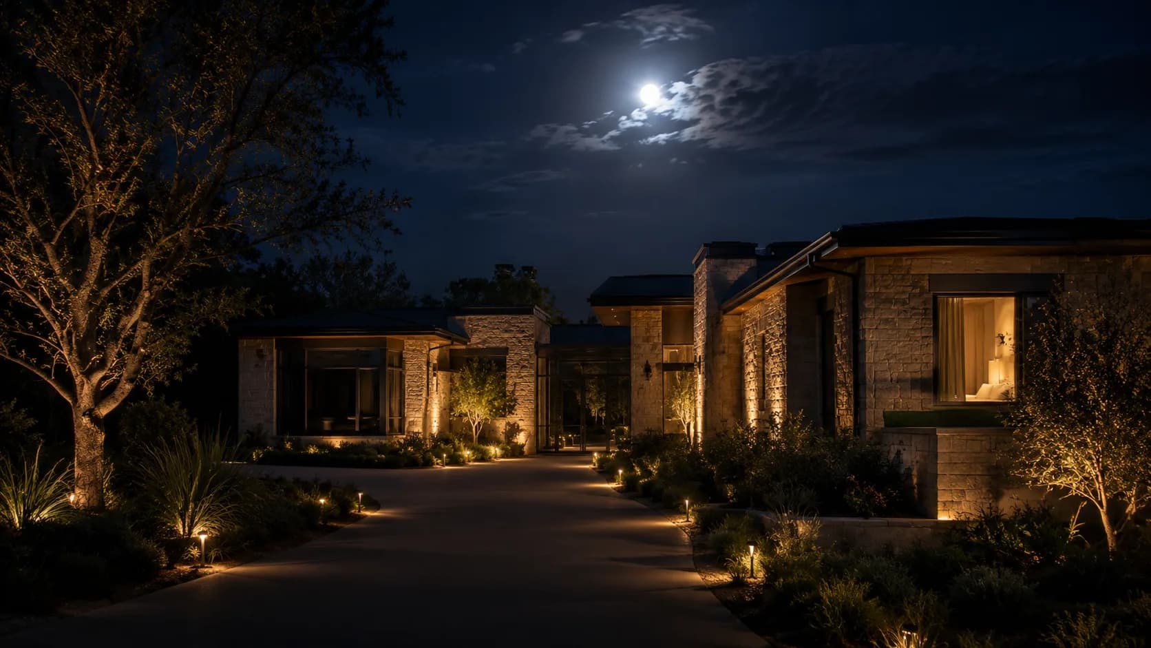 Home secured for the night — monitored, path-lit, watched over