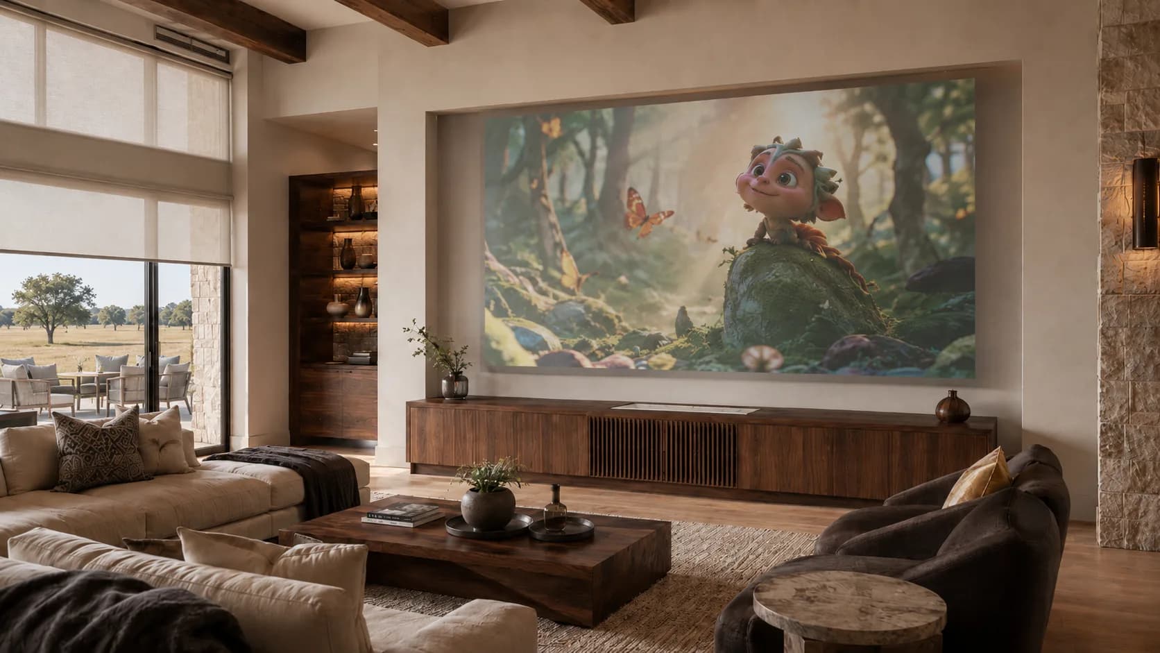 Family media room on a movie afternoon — concealed performance in a living space
