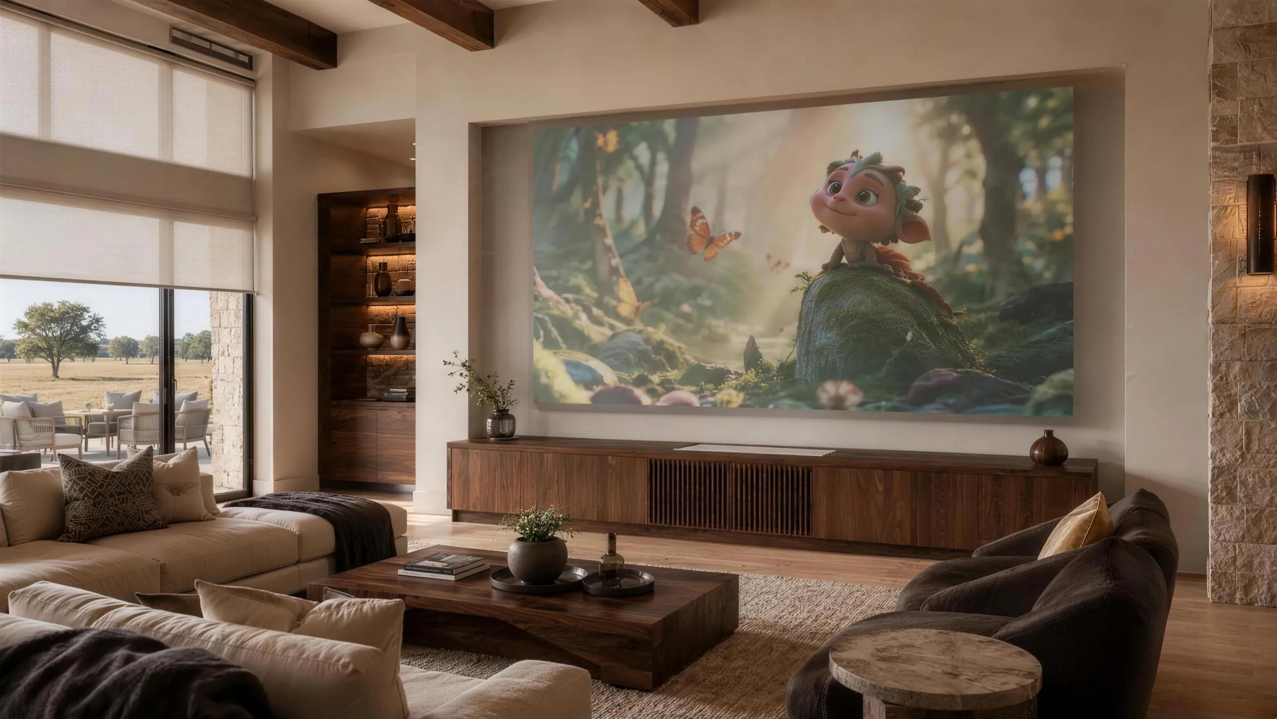 Family media room on a movie afternoon — concealed performance in a living space