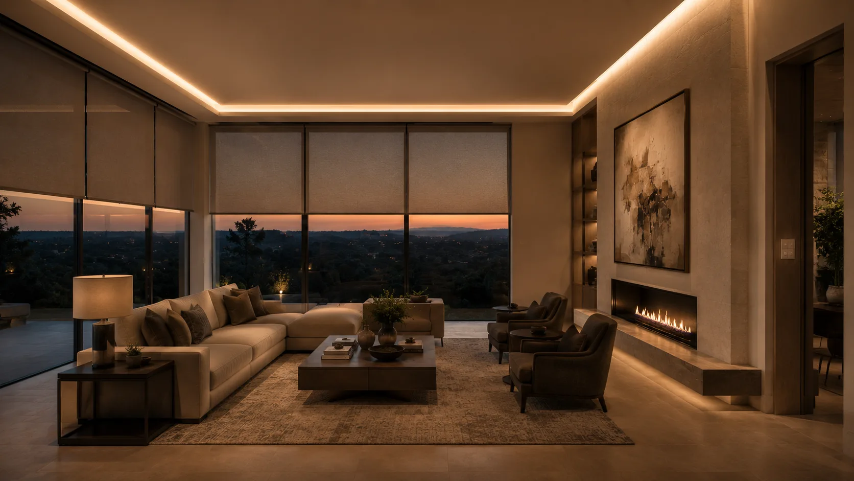 Warm architectural cove lighting in a luxury great room