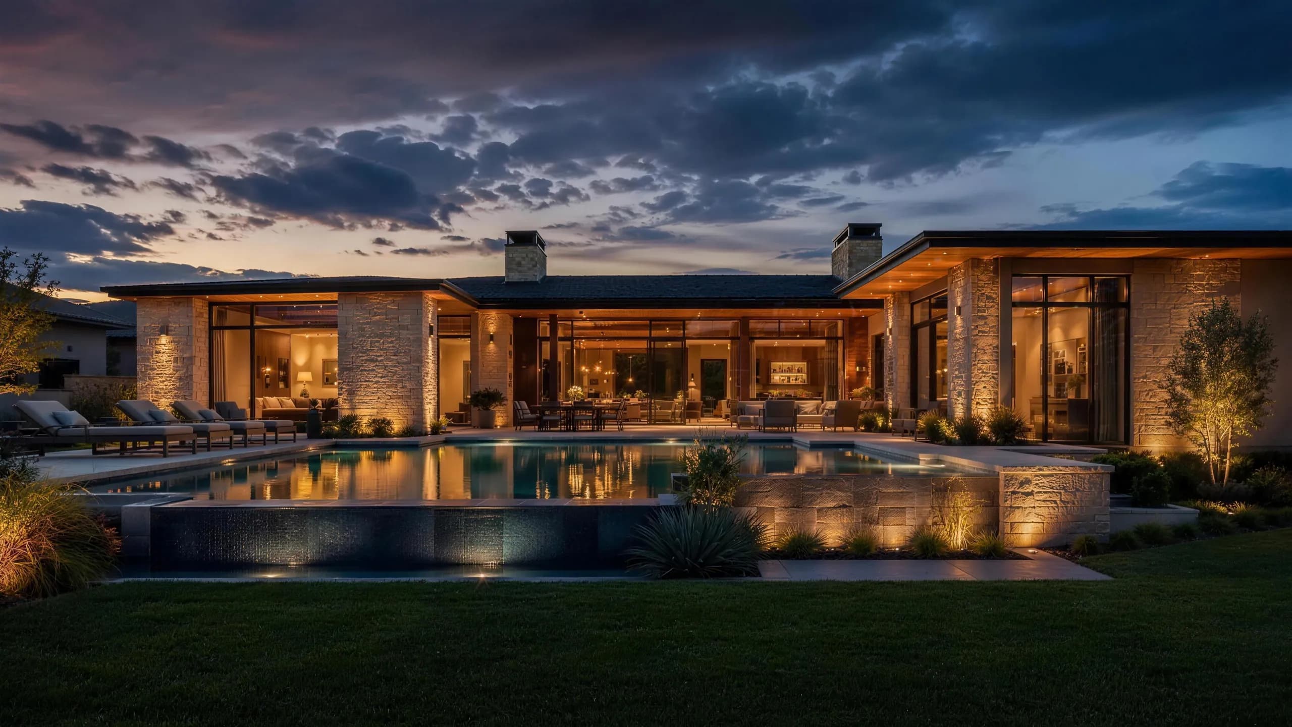 Modern stone estate at dusk, warm interior light reflecting across an infinity pool