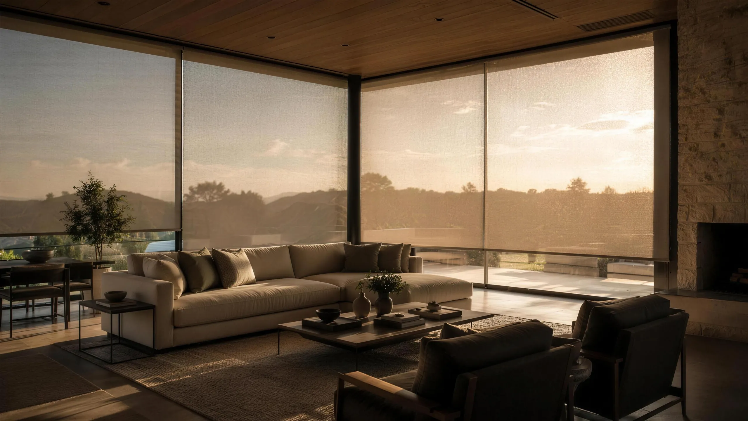 Living room wrapped in sheer automated shades diffusing golden-hour sun