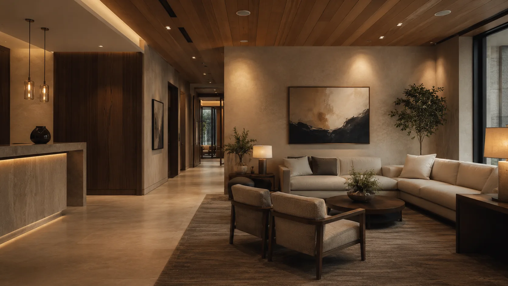 Warm, composed commercial lobby lounge with layered lighting
