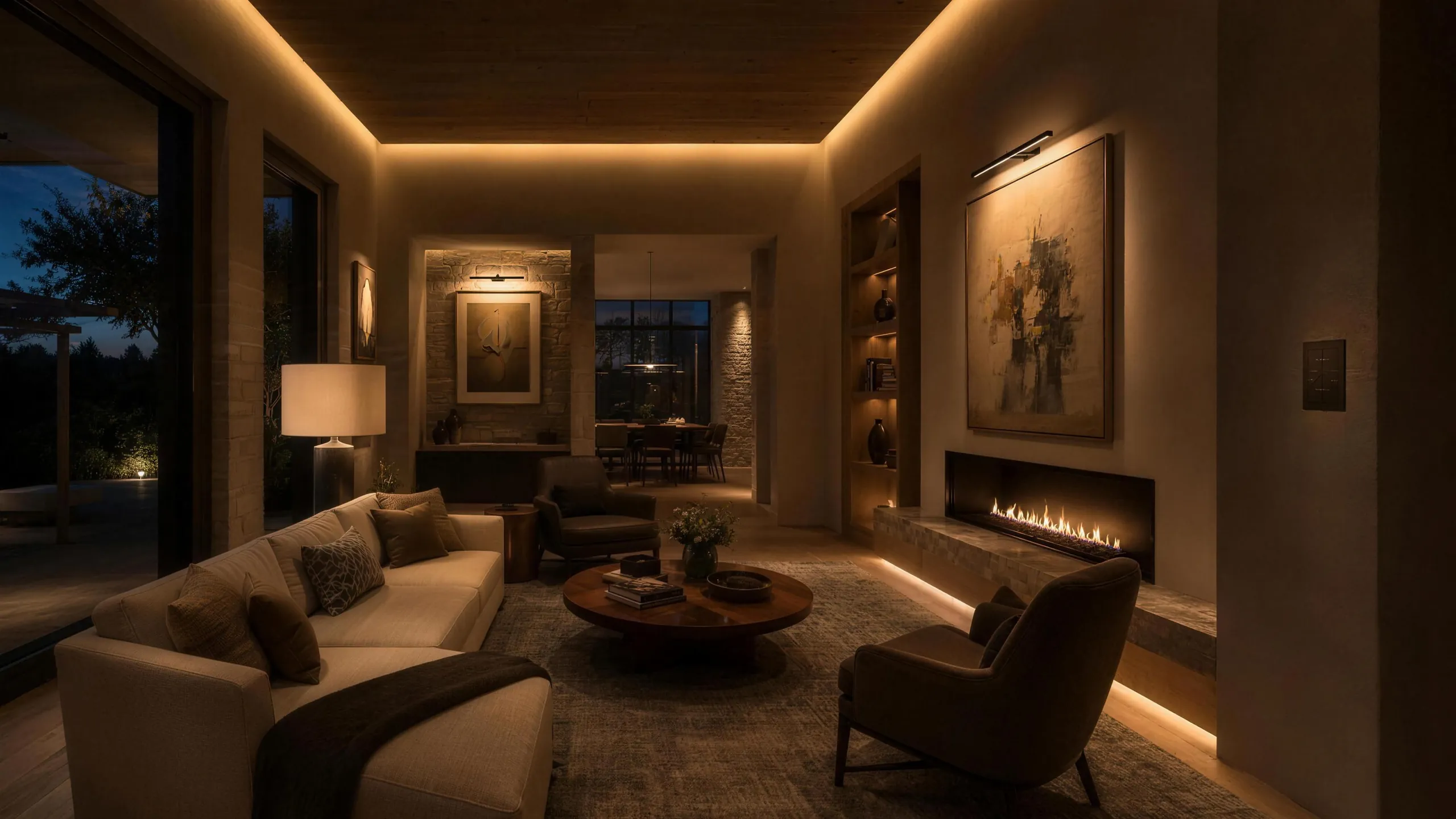 Intimate lounge at night with warm cove lighting and a linear fireplace