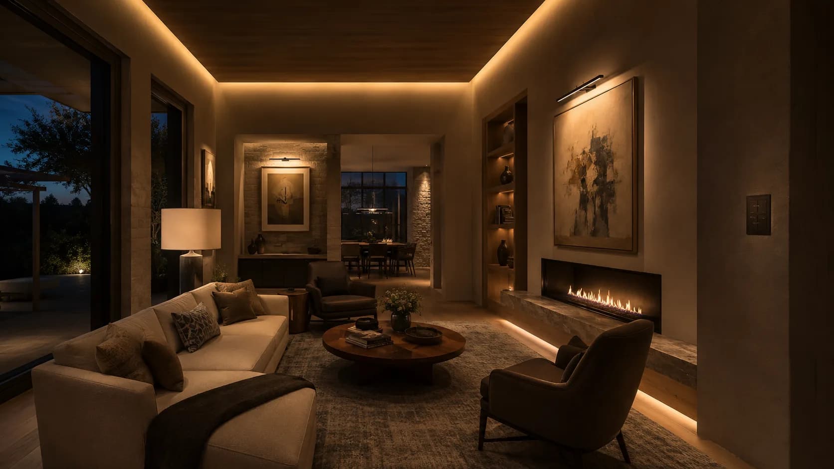 Intimate lounge at night with warm cove lighting and a linear fireplace