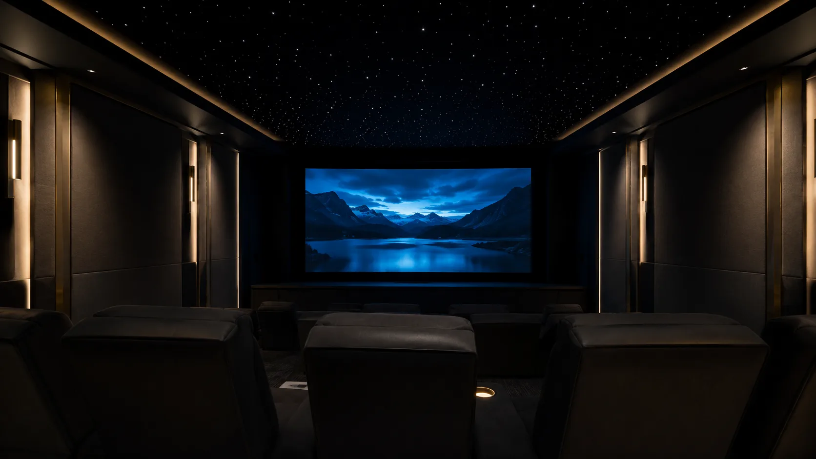 Private cinema screen glowing under a star ceiling