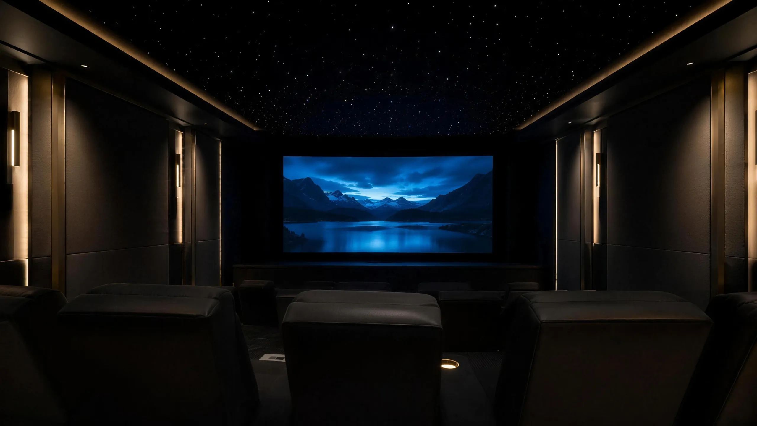 Private cinema screen glowing under a star ceiling