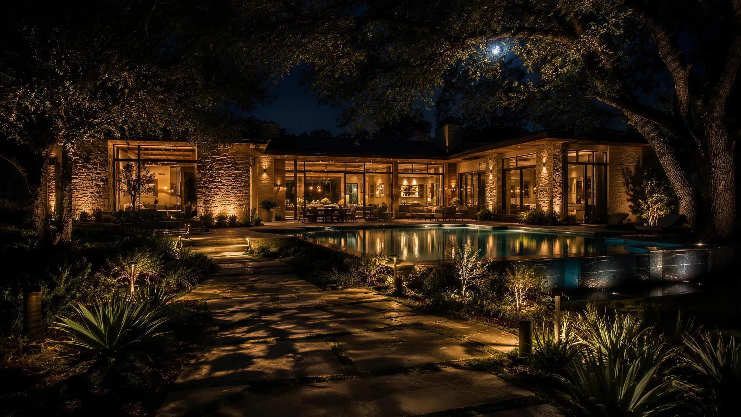 Texas estate backyard at night — path lighting, moonlit oaks, glowing pool
