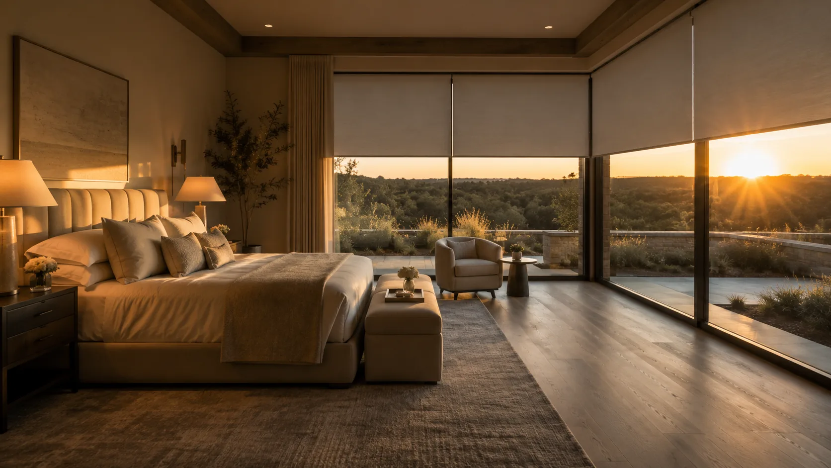 Primary bedroom at sunset with motorized roller shades in perfect alignment