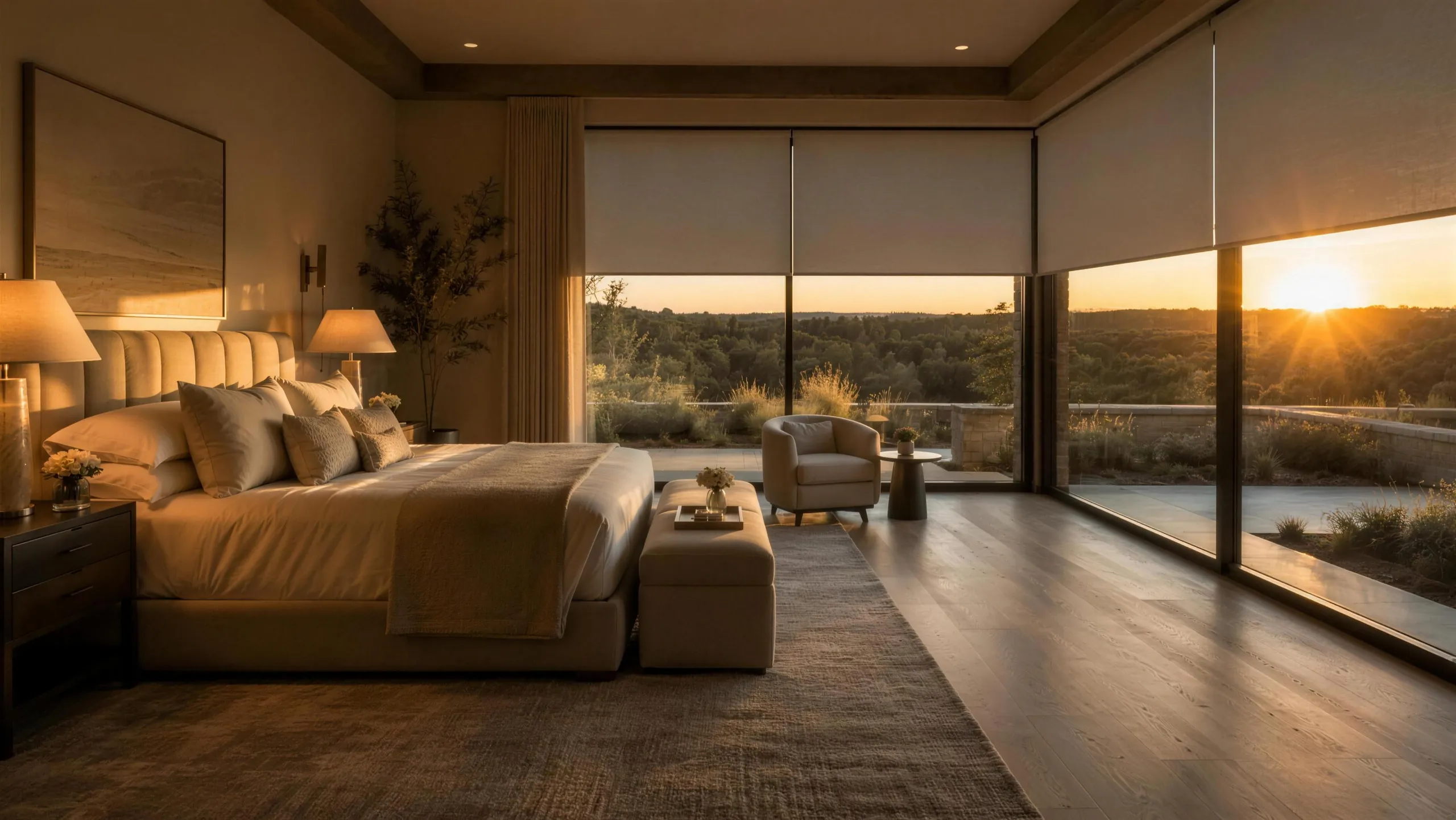 Primary bedroom at sunset with motorized roller shades in perfect alignment