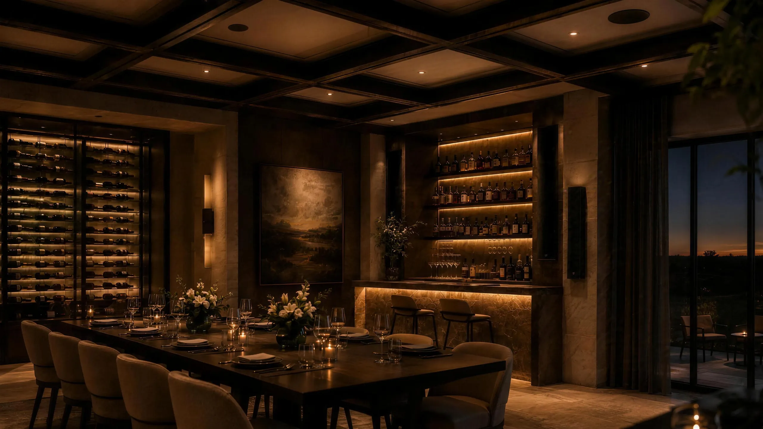 Wine room and private dining at dusk with concealed sound