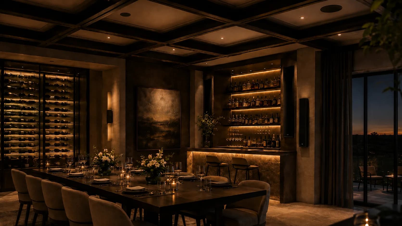 Wine room and private dining at dusk with concealed sound