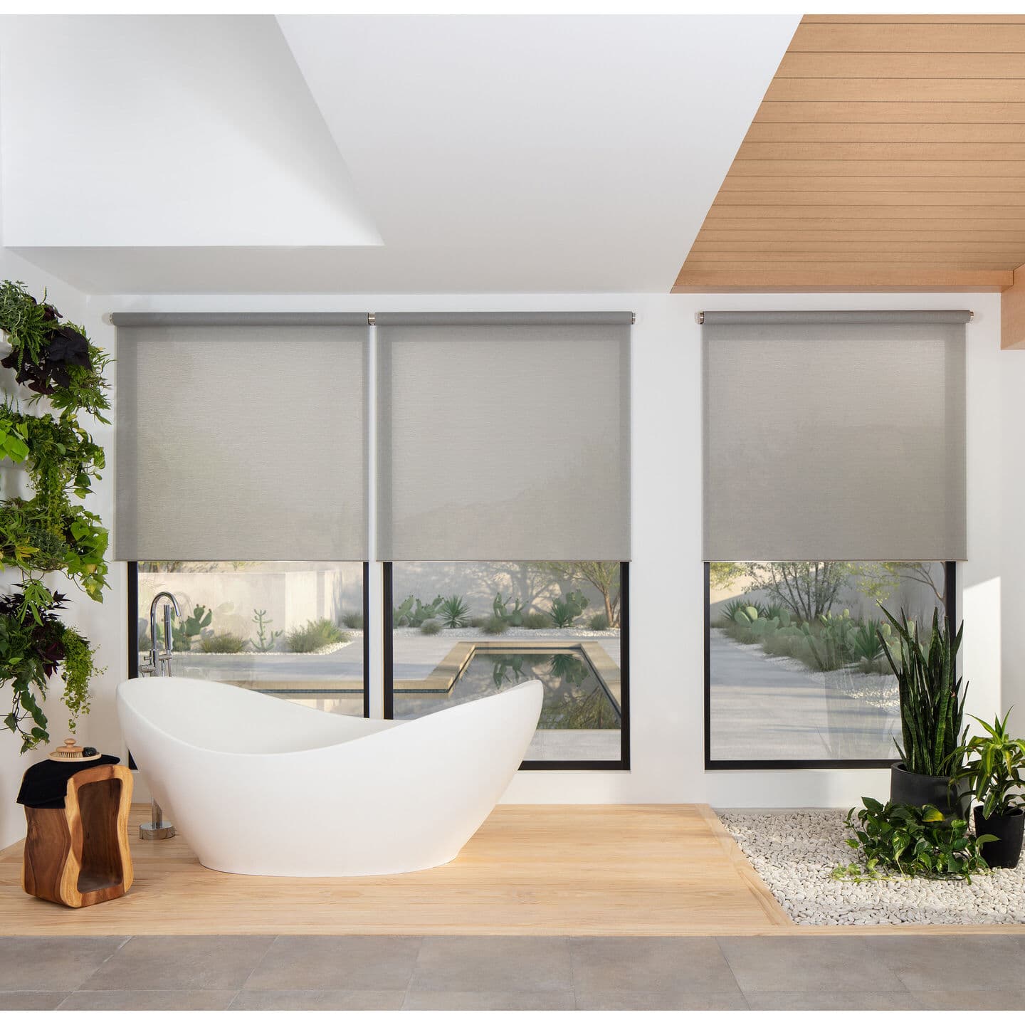 Lutron Palladiom motorized shades in perfect alignment on floor-to-ceiling glass