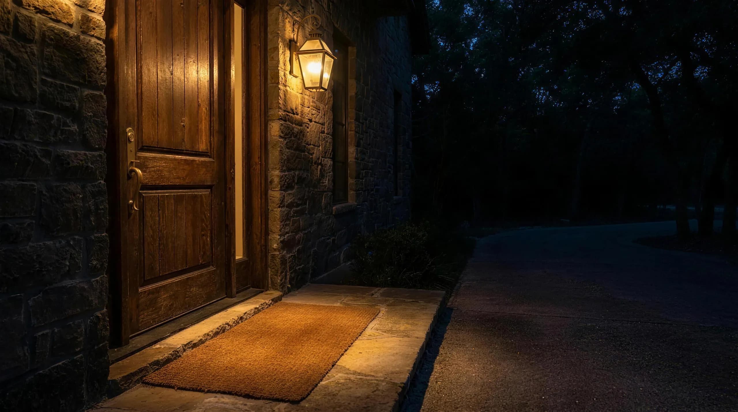 A warm porch light over a solid wood door at night — protection that feels like warmth