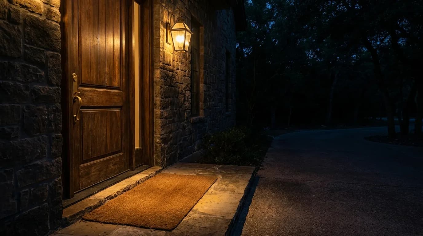 A warm porch light over a solid wood door at night — protection that feels like warmth